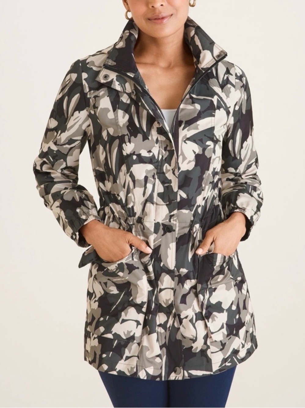 Chico’s Cinched-Waist Floral Camo Rain Jacket size 4/6